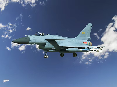Military Fighter Jet Flying In Blue Sky With Clouds And Mounted Weapons 3d model