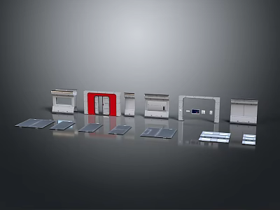 Various Door And Entry Components Display With Red Door Frame Panels And Plates 3d model