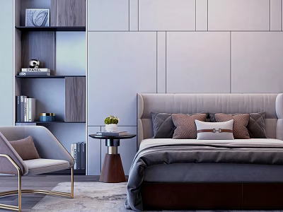 Modern Double Bed Bedroom Interior With Nightstand Green Plant Bookshelf And Armchair 3d model