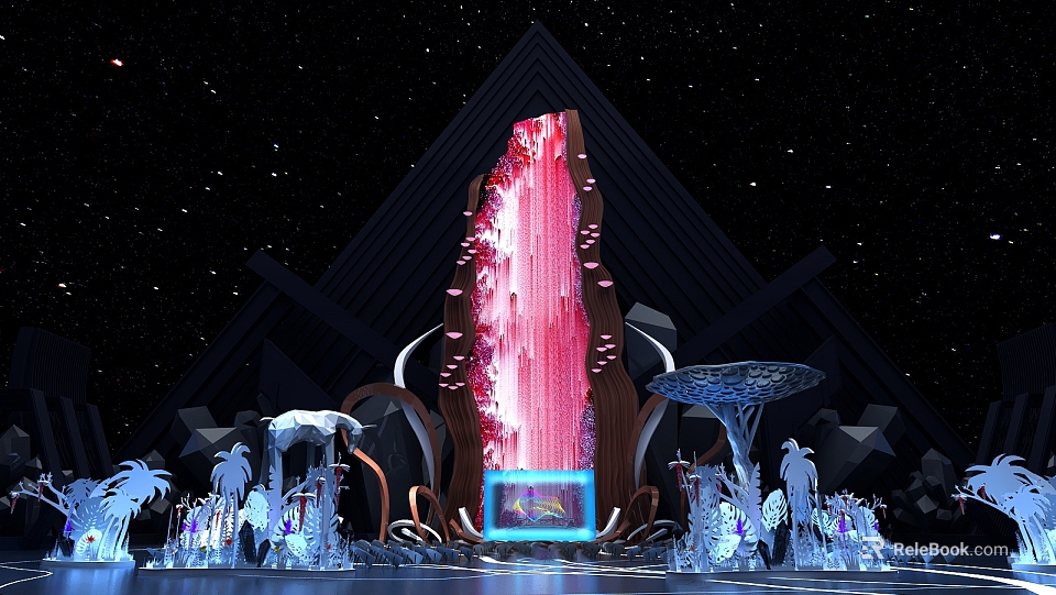Luxury Club with Starry Sky Background Triangular Architecture Pink Glowing Structure and Blue Decorations 3d model 