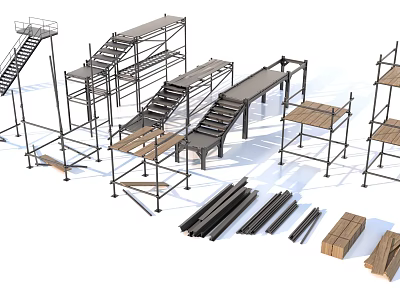 Industrial Scaffolding And Metal Frame Components With Ladders And Wooden Planks 3d model