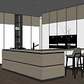 Modern Kitchen Interior With Wooden Island Counter And Two Tone Cabinets And Black Bar Stools