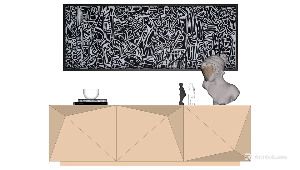 Interior Display With Large Black White Abstract Painting Geometric Countertop Sculpture And Figures 3d model 