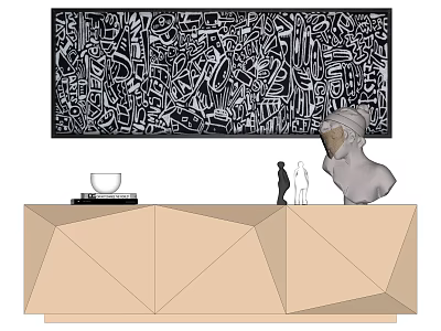 Interior Display With Large Black White Abstract Painting Geometric Countertop Sculpture And Figures 3d model