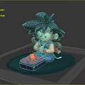 Cute Blue Haired Creature Character Sitting Holding Pink Box with Yellow Decoration in Cartoon Style