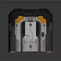 Futuristic Metal Gate Design with Black Frame Orange Trim and Blue Indicator Lights