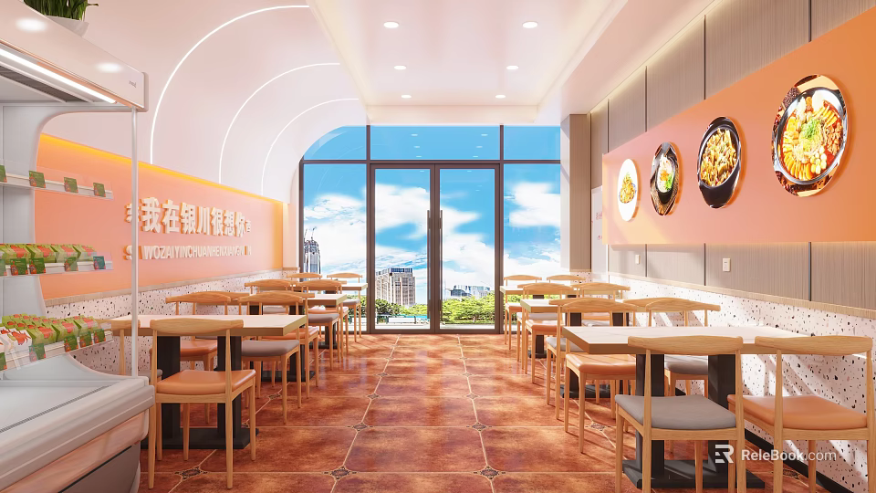 Bright Restaurant Interior With Wooden Tables Chairs Large Windows Orange Walls And Food 3d model 