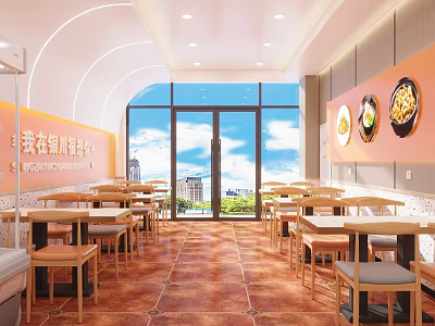 Bright Restaurant Interior With Wooden Tables Chairs Large Windows Orange Walls And Food 3d model