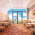 Bright Restaurant Interior With Wooden Tables Chairs Large Windows Orange Walls And Food