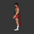 Muscular Superhero Character With Red Cape Blue Vest Yellow Logo Red Shorts And White Sneakers