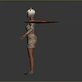 Woman in leopard print dress with red and orange feathered wings and white headpiece