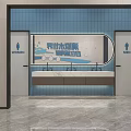 Modern Swimming Center Reception Area With Blue White Design Marble Floor And Swimming Posters