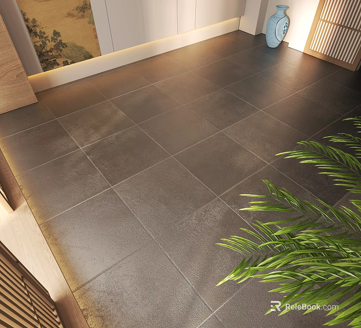 Dark Modern Floor Tiles With Stone-like Texture In Indoor Setting With Green Plant 3d model 