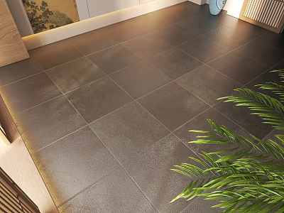 Dark Modern Floor Tiles With Stone-like Texture In Indoor Setting With Green Plant 3d model