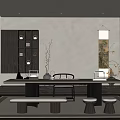 Serene Traditional Tea Room Interior With Lattice Windows Dark Wooden Cabinet Long Table And Stools