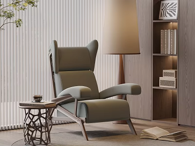 Modern Gray Armchair With Wooden Armrests Small Side Table Floor Lamp Bookshelf And Magazines 3d model