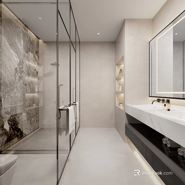 Modern Bathroom Interior With Glass Shower Marble Wall Mounted Storage White Vanity and Large Mirror 3d model 