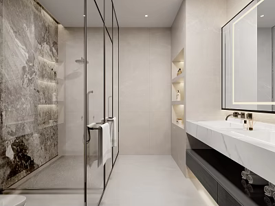 Modern Bathroom Interior With Glass Shower Marble Wall Mounted Storage White Vanity and Large Mirror 3d model