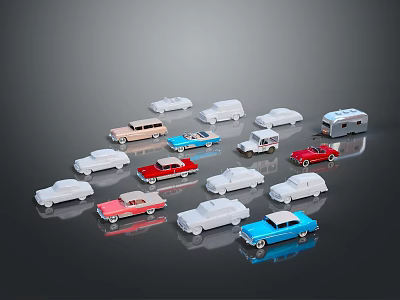 Various Colorful Model Cars Including Sedans Vans And RVs On Reflective Surface 3d model