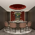 Elegant Private Dining Room With Round Dining Table Chairs Red Ceiling Lights And Wall Art 3d model