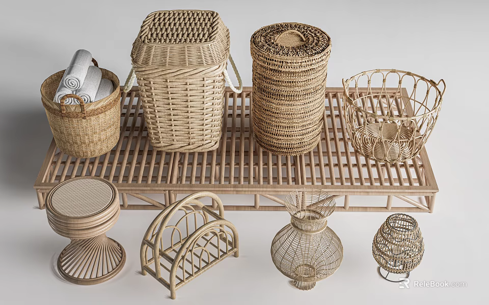 Natural Woven Garden Decor Pieces Featuring Baskets Shelves Stools And Stands 3d model 