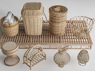Natural Woven Garden Decor Pieces Featuring Baskets Shelves Stools And Stands 3d model