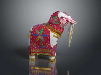 Handcrafted Decorative Elephant Sculpture Featuring Colorful Intricate Floral Patterns And Tassels 3d model