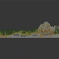 Cartoon Scene With Circular Stone Building Green Terraced Grass Pine Trees And Orange Rock Mountains
