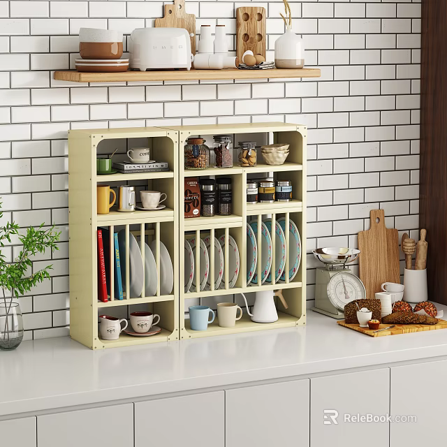 Practical Kitchen Storage Shelf With Plates Cups And Spice Jars On White Brick Wall 3d model