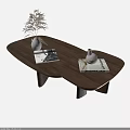 Modern Walnut Oval Coffee Table with White Vase Magazines and Decorative Plant