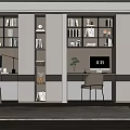 Modern bookcase with glass doors and lighting strips in home office with desk and chair