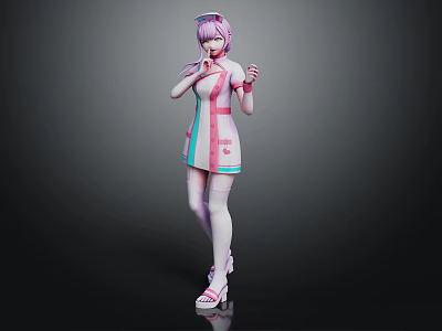 Anime Style 3D Nurse Character In Pink Uniform With White Stockings And Pink Hair Posing 3d model