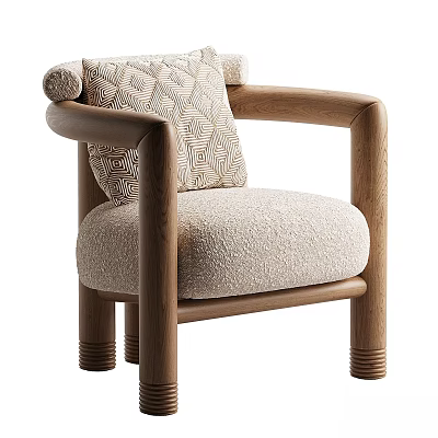 Comfortable Modern Accent Chair with Wooden Armrests Soft Light Fabric Upholstery and Patterned Cushion 3d model