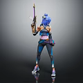 Blue Haired Character Standing With Gun In Purple And Blue Combat Outfit