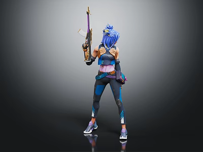 Blue Haired Character Standing With Gun In Purple And Blue Combat Outfit 3d model