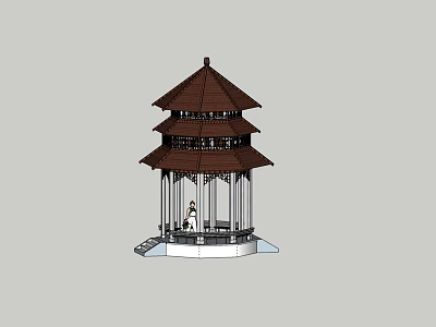 Traditional Chinese Pavilion With Three Tiered Brown Roof Black Pillars Platform Base And Person Inside 3d model