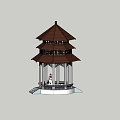 Traditional Chinese Pavilion With Three Tiered Brown Roof Black Pillars Platform Base And Person Inside