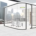 Modern Office Interior With Glass Partition City View Desks Computers And Pendant Light