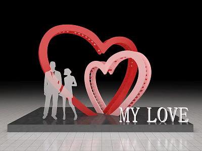 Romantic Heart Shaped Photo Spot With Couple Silhouettes And MY LOVE Text 3d model
