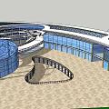 Modern Commercial Street With Circular Glass Architecture And Multi level Pedestrian Area