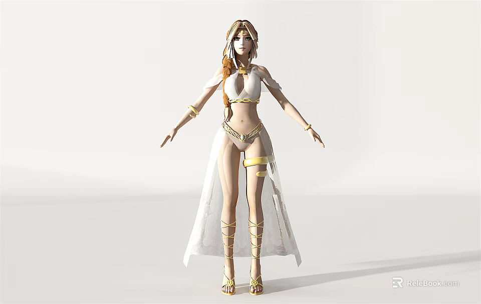 Fantasy Game Movie Character With Golden Long Hair White Dress And Golden Accessories 3d model 