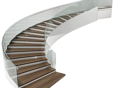 Modern Spiral Staircase Interior Design with Wooden Steps and Glass Railings 3d model