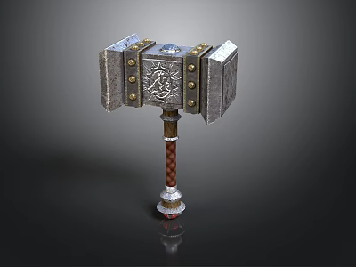 Ornate War Hammer With Metal Plates Intricate Carvings And Red Braided Handle 3d model