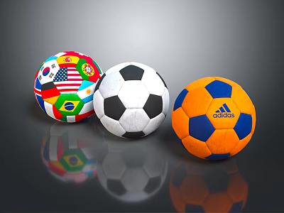 Colorful And Classic Soccer Balls Sports Equipment With National Flags Black White And Adidas Design 3d model