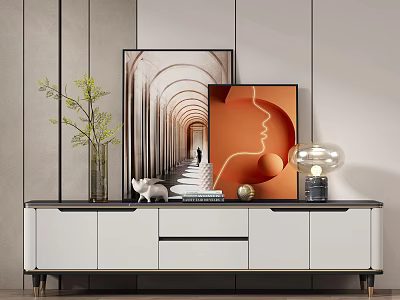 Modern TV Stand With White Black Design And Decorative Vase Elephant Figurine Paintings Table Lamp 3d model