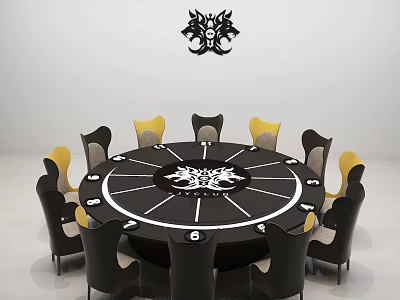 Round Black Dining Table With White Decorative Pattern And Multiple Yellow Black Chairs 3d model