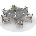 Round Dining Table Set With Six Chairs Tableware And Green Plant 3d model