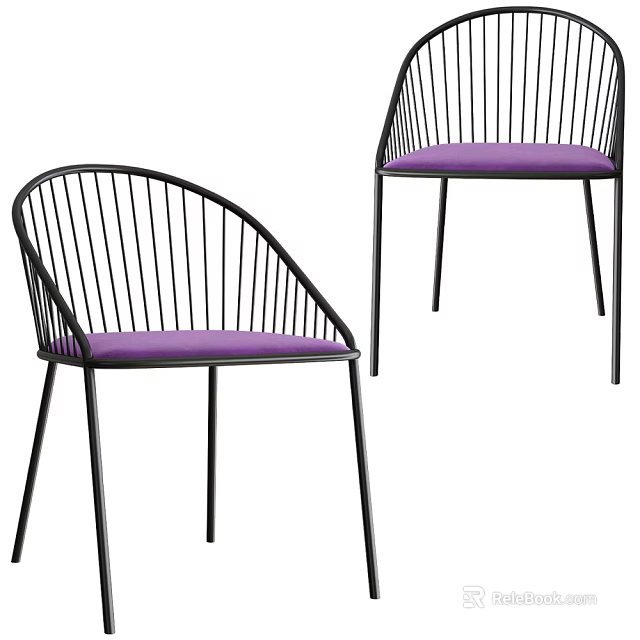 Modern Dining Chairs With Black Metal Frame Slatted Back And Purple Padded Seat 3d model 