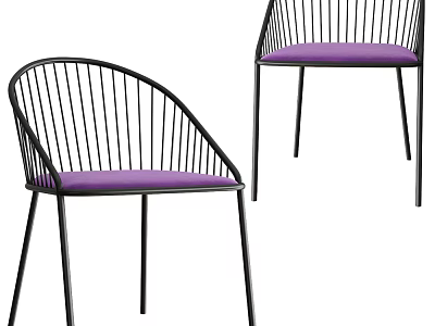 Modern Dining Chairs With Black Metal Frame Slatted Back And Purple Padded Seat 3d model