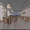 Cozy Restaurant Interior With Wooden Tables Chairs Lantern Pendant Lights And Wall Decorations